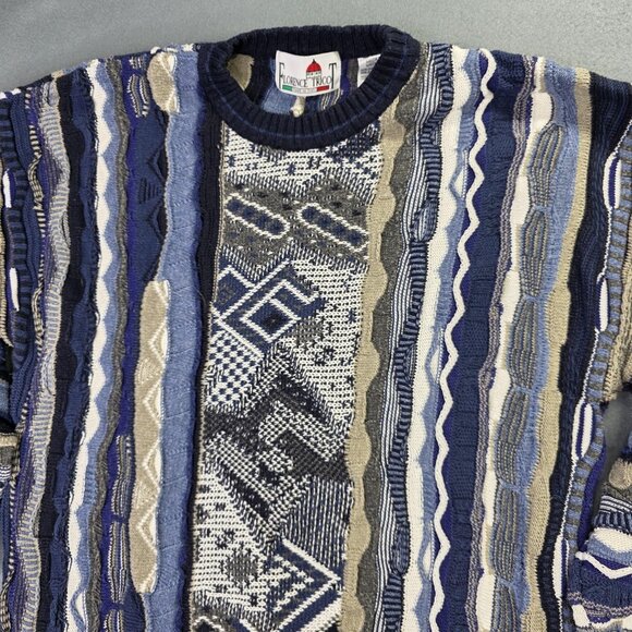 Florence Tricot Sweater Mens M Blue 3D Textured Knit Abstract Coogi Style Italy - Picture 3 of 16